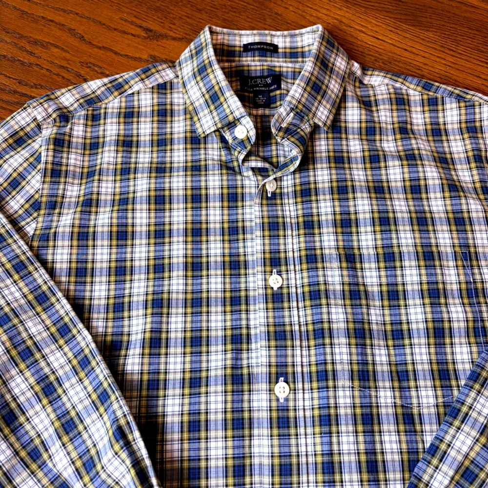 J.Crew Thompson Flex Wrinkle Free Plaid Shirt Mens M Blue Yellow K1672